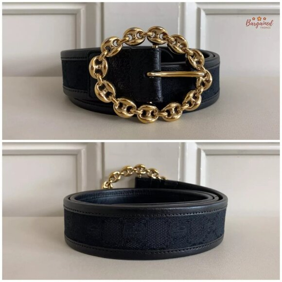 Authentic Gucci Black Monogram Canvas Leather Gold Chain Buckle Belt Size 95/38 main image 4